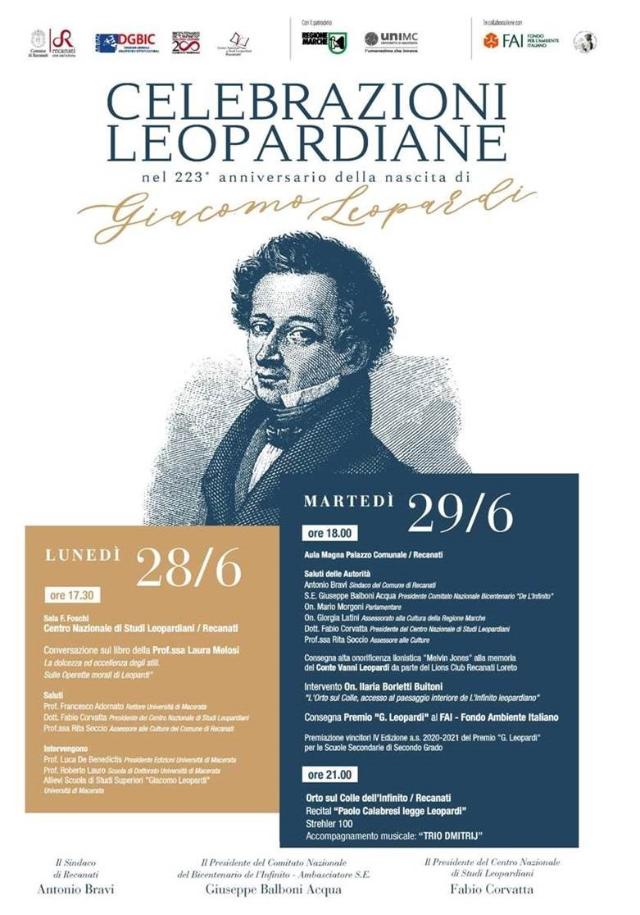 Celebrazioni Leopardiane 2021, nel 223° anniversario della nascita di Giacomo Leopardi